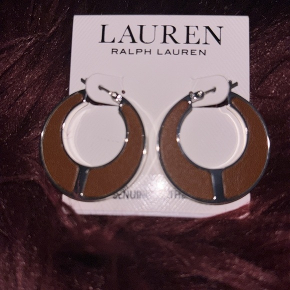 Ralph Lauren Silver and Brown Leather Hoop Earrings - Picture 4 of 10